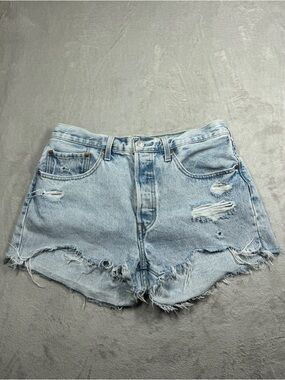 Levi’s Premium 501 Original Fit High Rise Distressed Light Blue Jean Shorts 30